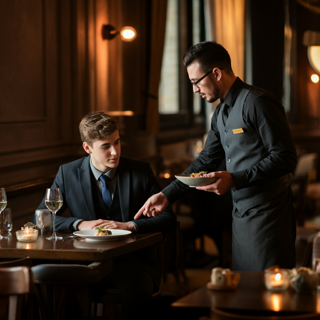 A student politely asking a waiter about the ingredients in a dish at a restaurant. The waiter is attentively listening and providing detailed information. The restaurant has a warm, inviting atmosphere with soft lighting.