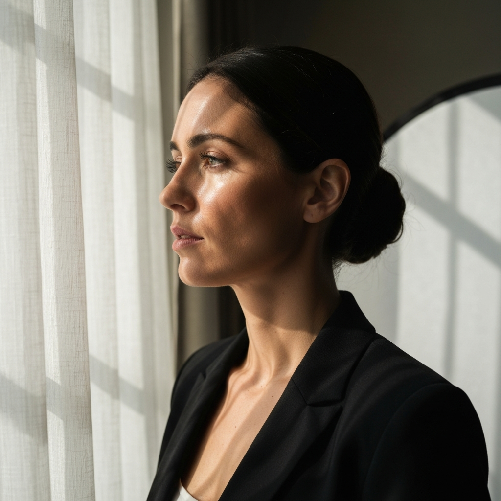 A woman stands near a large window with sheer curtains. Soft, natural light illuminates her face. The focus is on the gentle shadows and highlights on her cheekbones and jawline. A white reflector is subtly positioned to bounce light.
