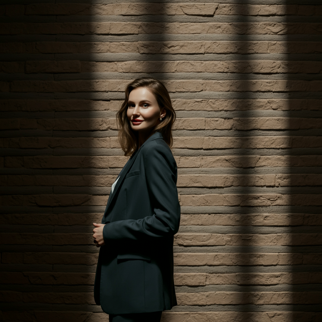 A woman in a tailored blazer stands in front of a textured brick wall. She's turned slightly away from the camera, glancing back over her shoulder with a subtle smile. The lighting is soft and even, highlighting the texture of the brick and the fabric of her blazer.