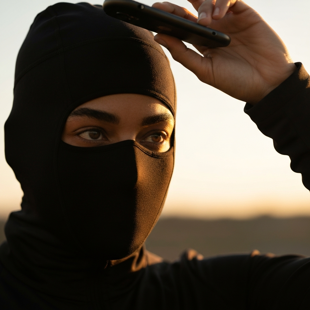 A close-up portrait of a person holding a phone slightly above their head. The background is softly blurred. Focus is on the person's eyes and the subtle angles of their face.