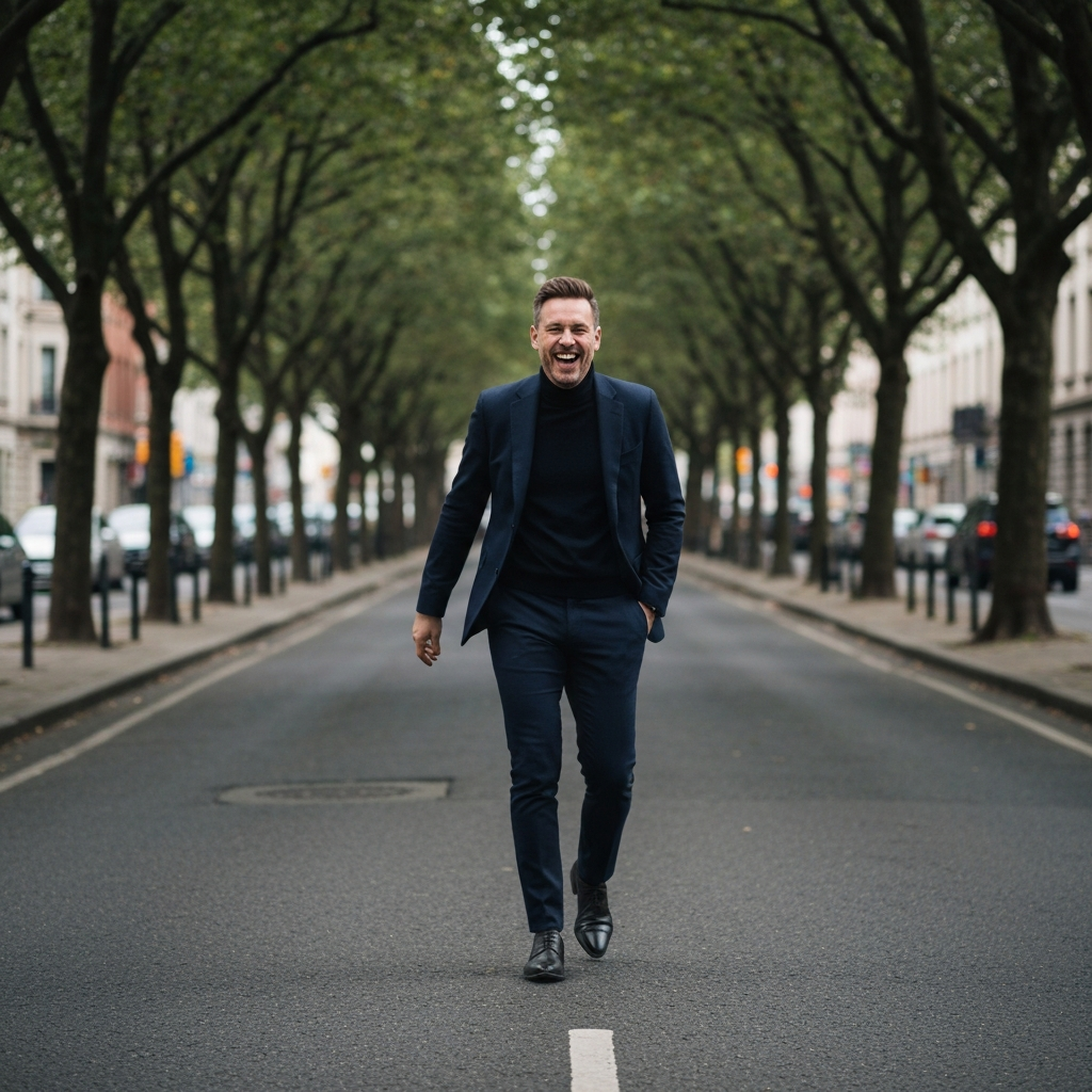 A person walking down a city street lined with trees. They are laughing and looking slightly away from the camera. The photographer is positioned at a slight angle, capturing the person in motion. The lighting is bright and natural.