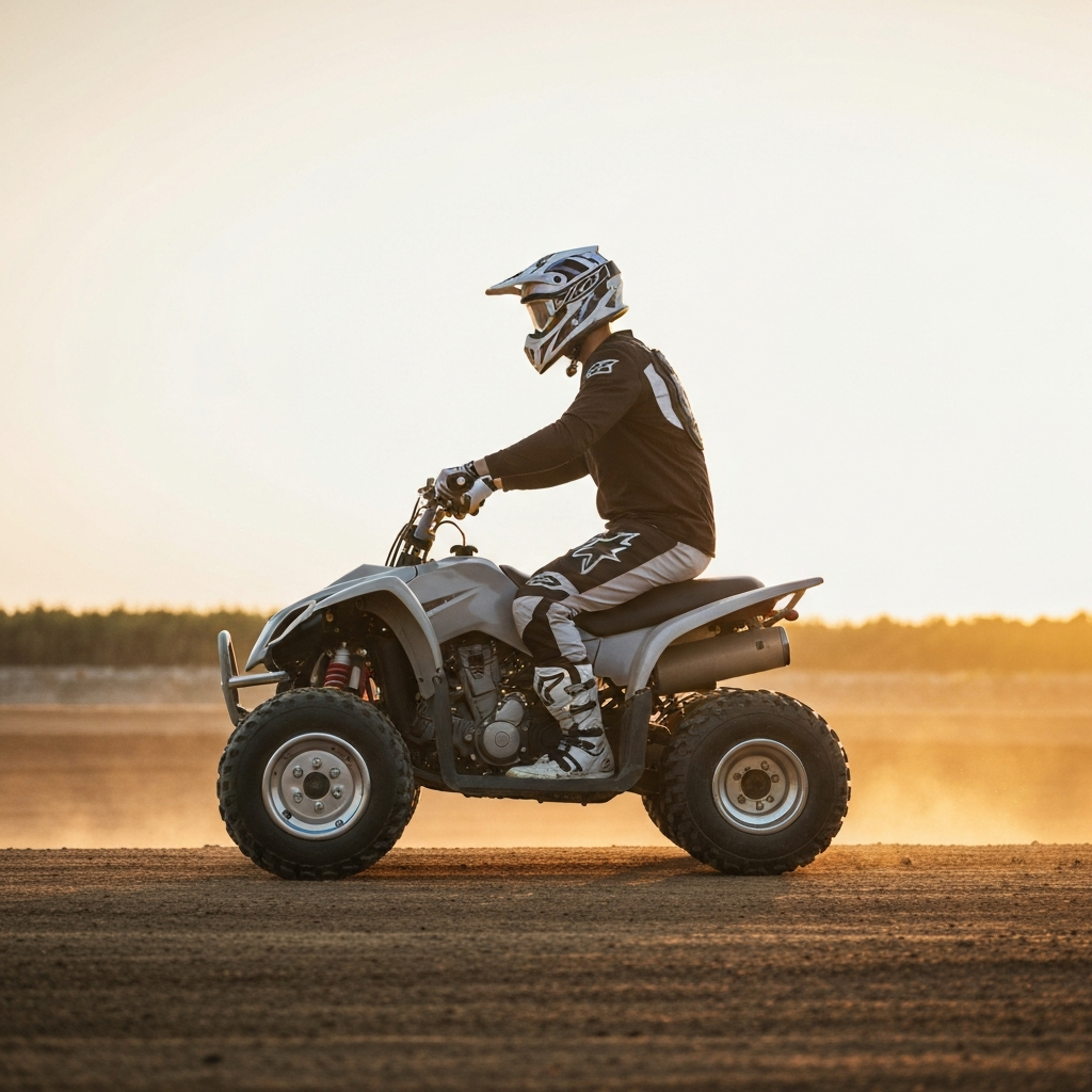 A side view of an ATV rider demonstrating the proper riding stance on a flat dirt track. The rider wears full protective gear, and the ATV is stationary. Golden hour lighting accentuates the rider's posture.