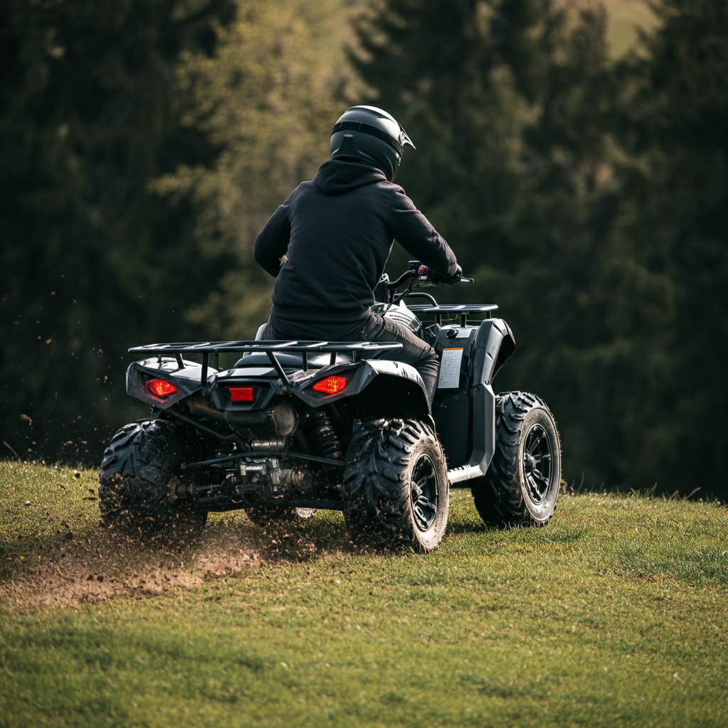 ATV slowly descending a grassy hill. The rider is visible from the rear, with weight shifted back. Soft bokeh background showing trees.