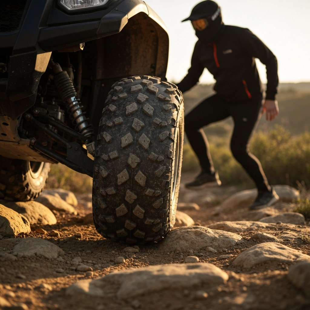 Close-up of ATV tires navigating a rocky trail. Focus is on the tire treads gripping the rocks. Soft shadows and diffused light.
