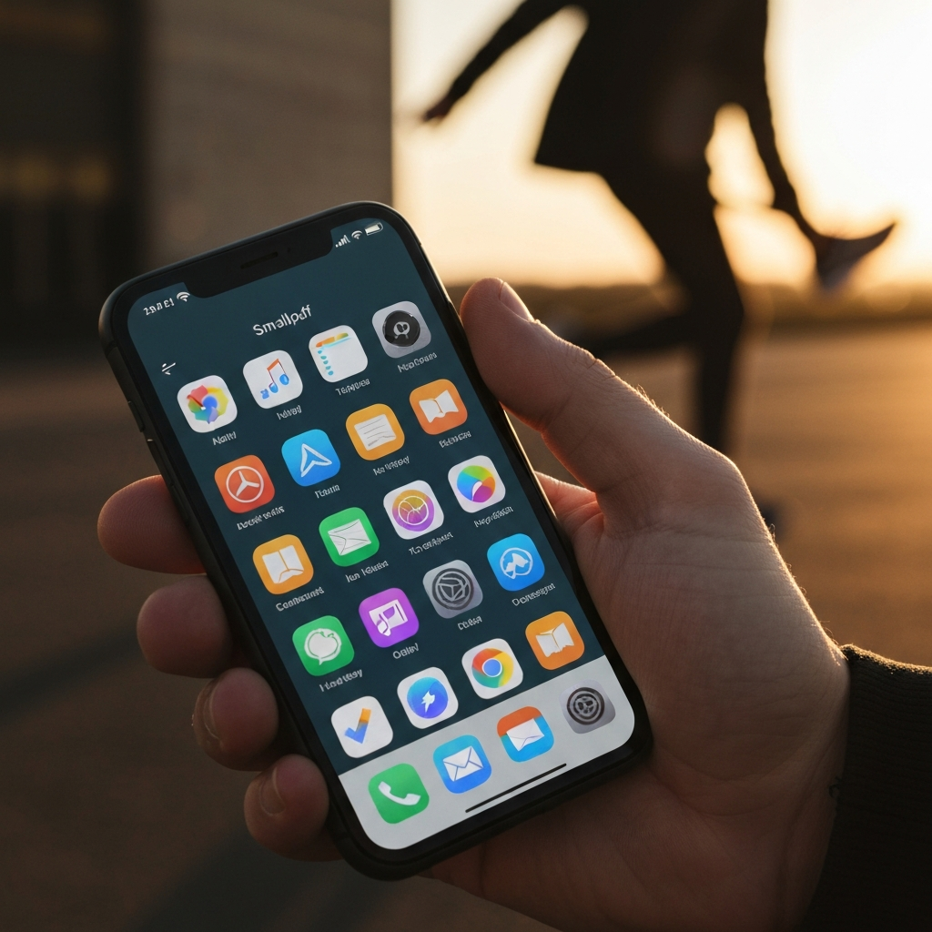 A hand holding a phone displaying the Smallpdf app icon on the home screen, surrounded by other productivity apps. The scene is well-lit, showcasing the vibrant colors of the app icons.
