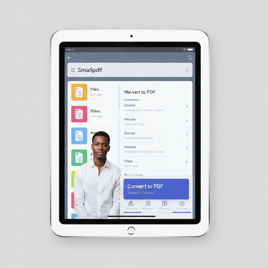 A tablet screen showcasing the Smallpdf app interface with a list of files, and the "Convert to PDF" option highlighted in a menu. The lighting is even and neutral, emphasizing the clarity of the screen.