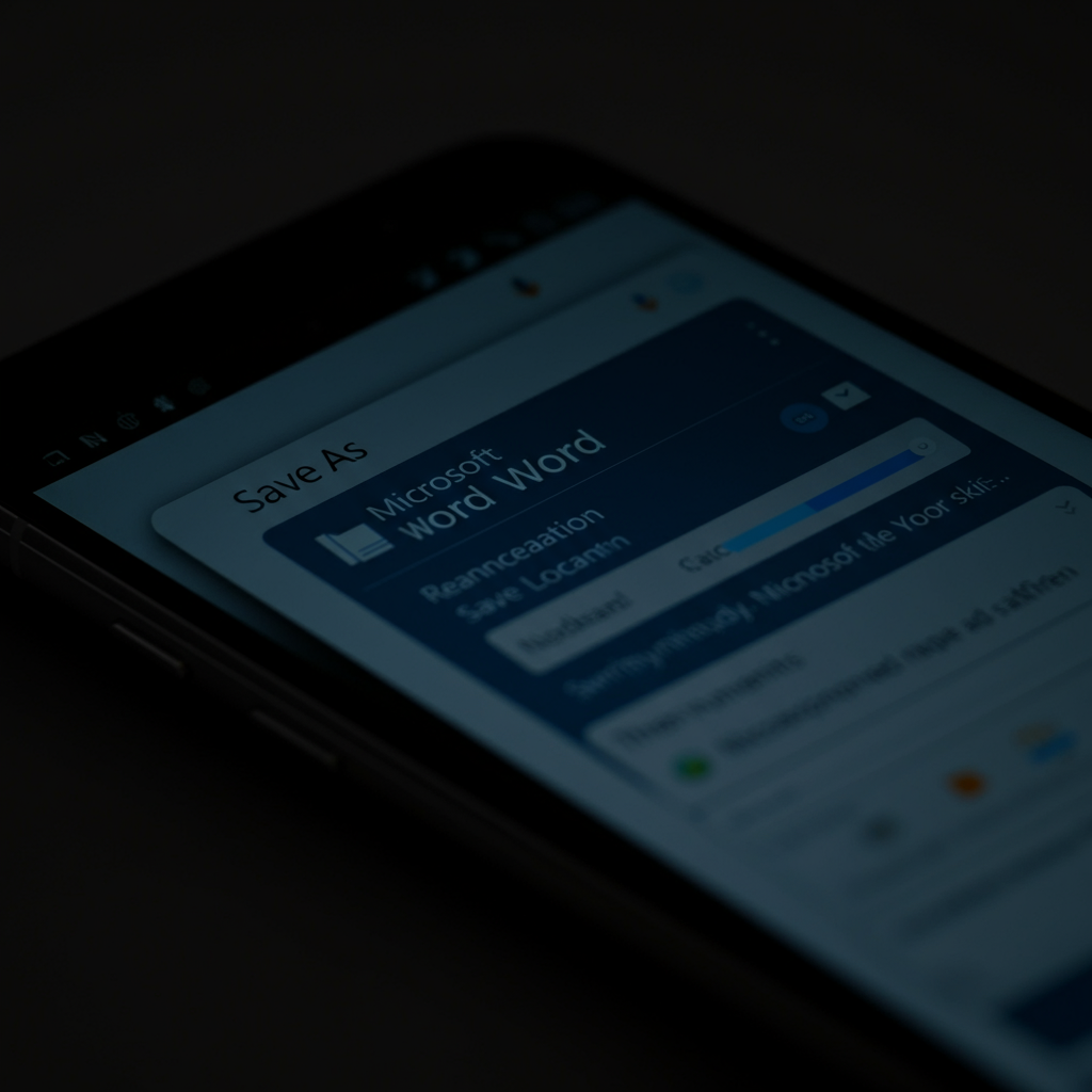 Close-up of an Android phone displaying the Microsoft Word "Save As" dialog box, with options to rename the file and choose a save location. The lighting is warm and inviting, creating a comfortable and familiar atmosphere.