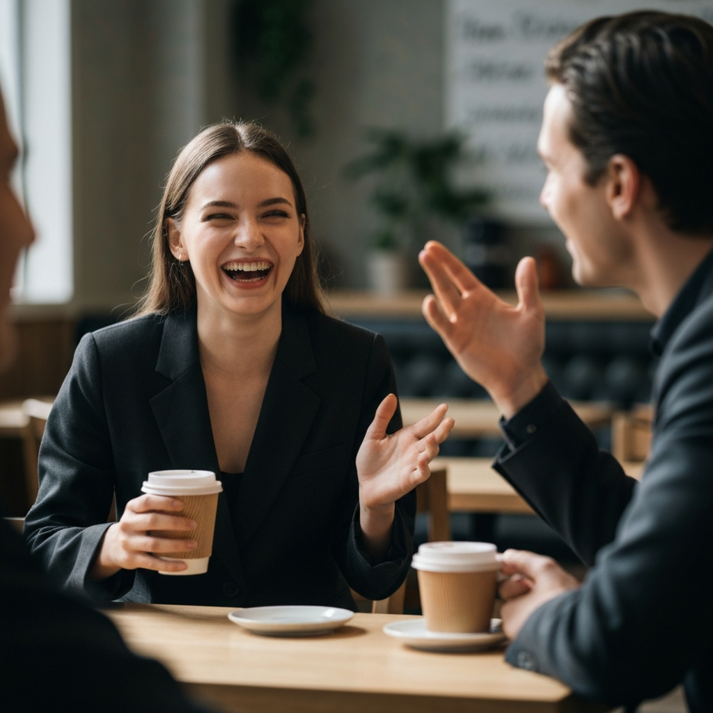A brightly lit café with a young woman laughing with a friend. The friend gestures animatedly while holding a coffee cup. Soft bokeh in the background.