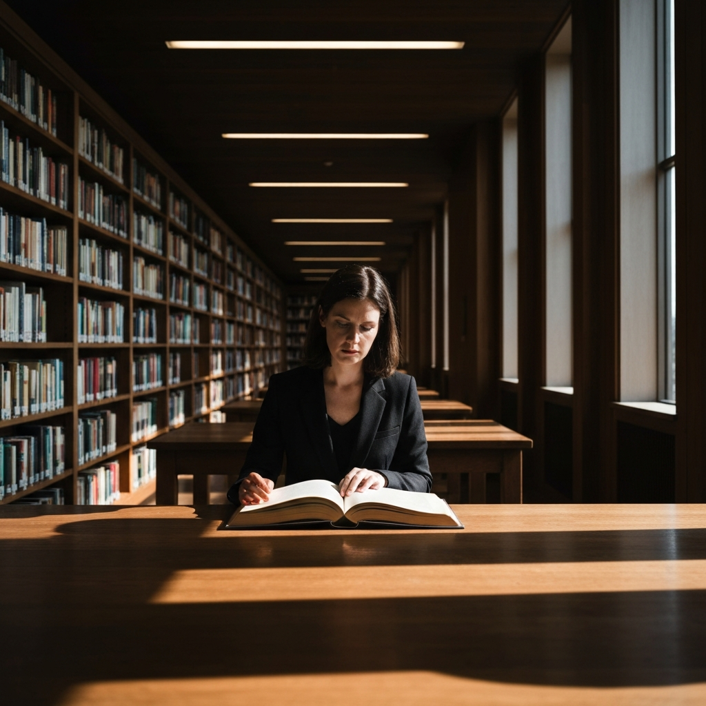 A dimly lit library with rows of books stretching into the distance. A woman with a serious expression studies a large, open book on a wooden table. The light casts long shadows across the room.