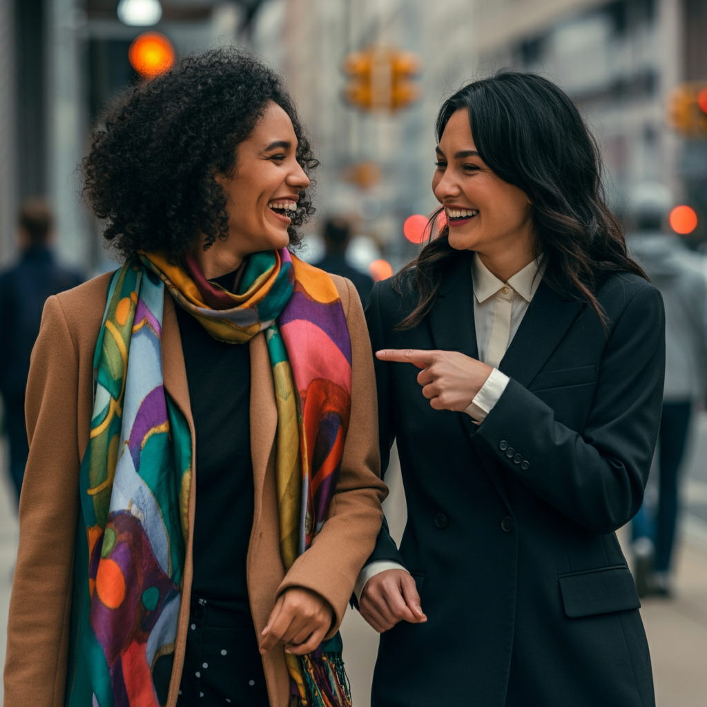 Two women walking down a city street, laughing and talking. One woman points to the other's colorful scarf. The background features blurred city traffic and pedestrians.