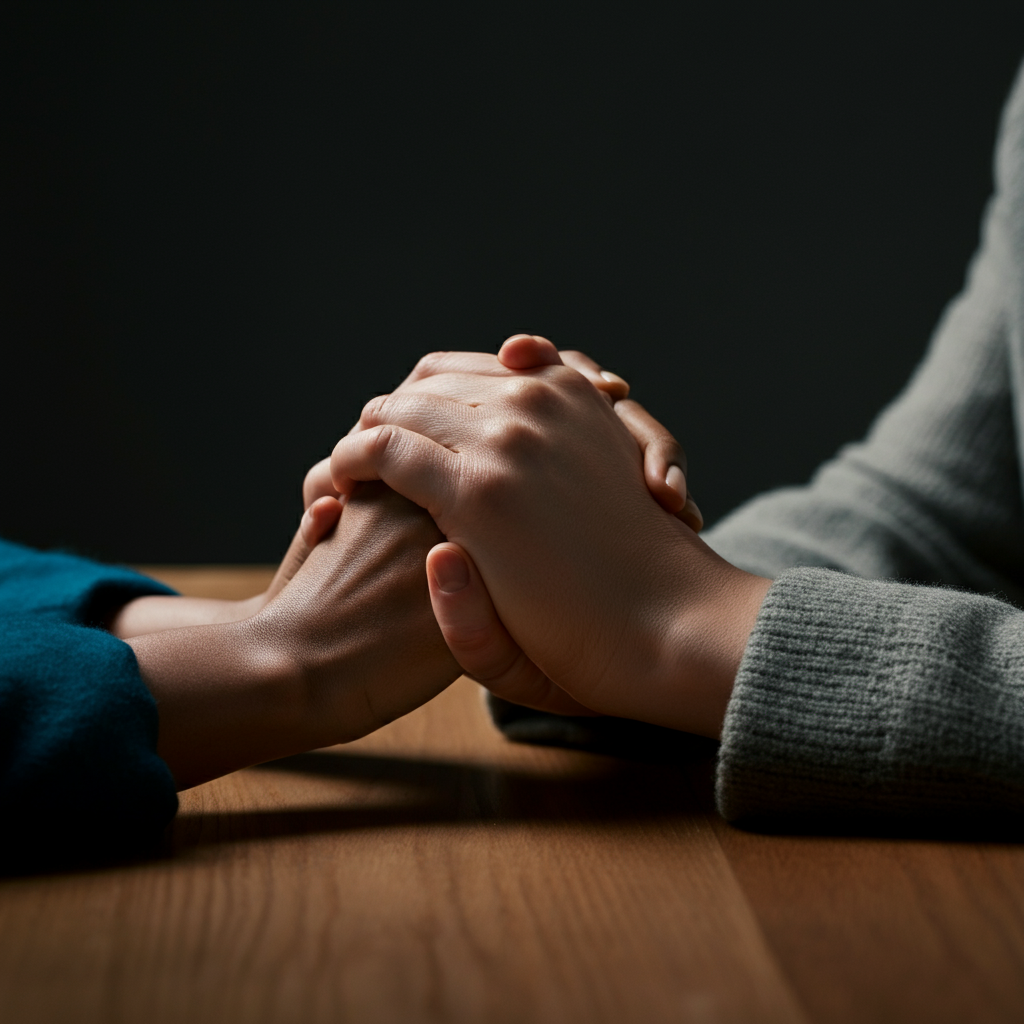 A close-up of two hands clasped together on a wooden table. The hands are different skin tones, signifying friendship or partnership. Soft, diffused light highlights the texture of the skin.