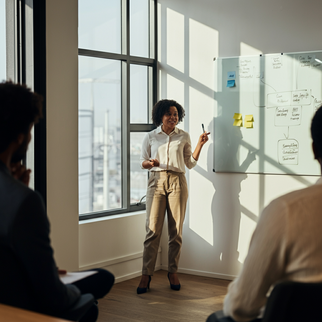 A woman giving a presentation to a small group of people in a modern office. She smiles confidently as she gestures to a whiteboard filled with notes. Natural light streams through a large window.