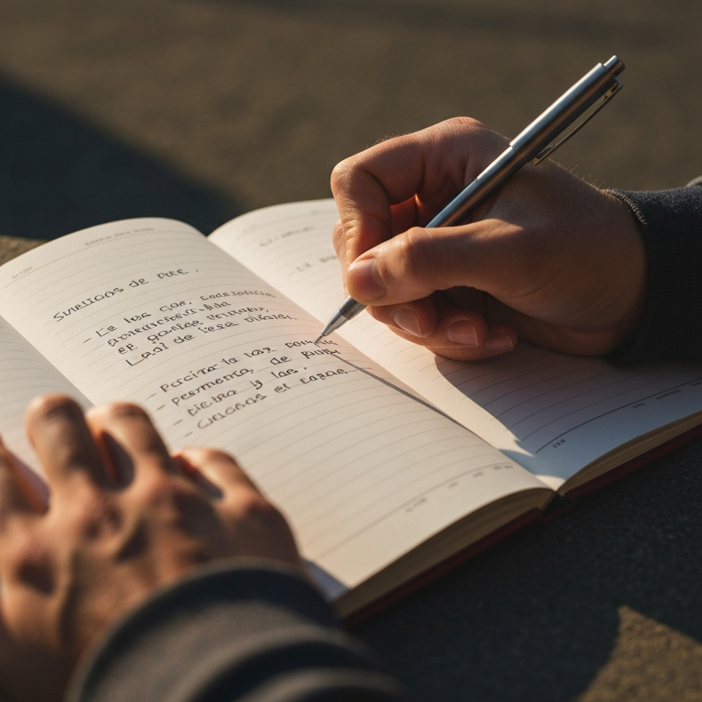A hand writing in a notebook with a pen. The notebook is open to a page with neatly written Spanish words and phrases. The background is blurred, focusing attention on the act of writing.