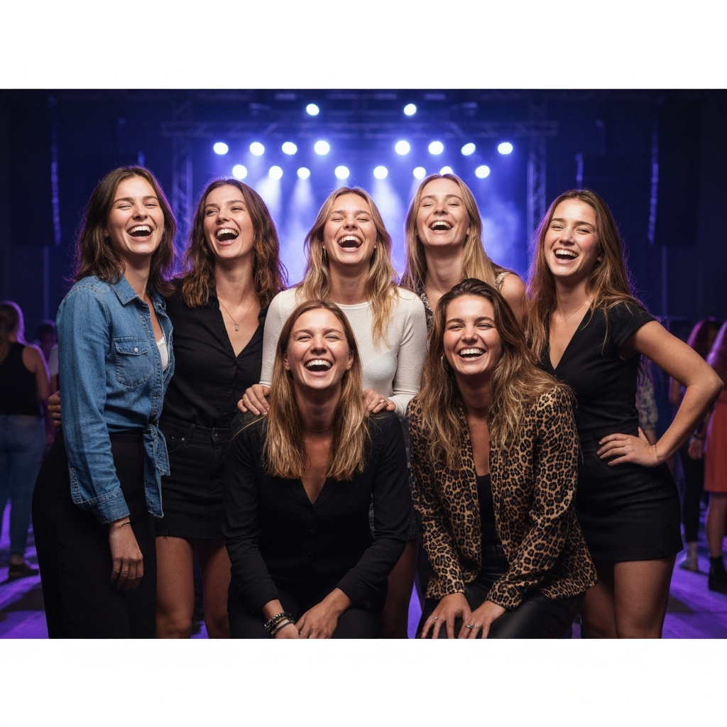 A group of young women laughing and posing for a photo at a music festival. They are dressed in stylish, casual clothing. The background is filled with concertgoers and stage lights.