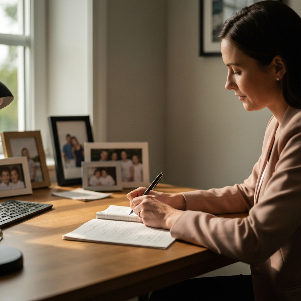 A brightly lit home office. A woman sits at a wooden desk, pen in hand, a notepad open in front of her. Soft, diffused light streams in from a window, illuminating the texture of the paper. Various family photos sit framed on the desk in soft bokeh.
