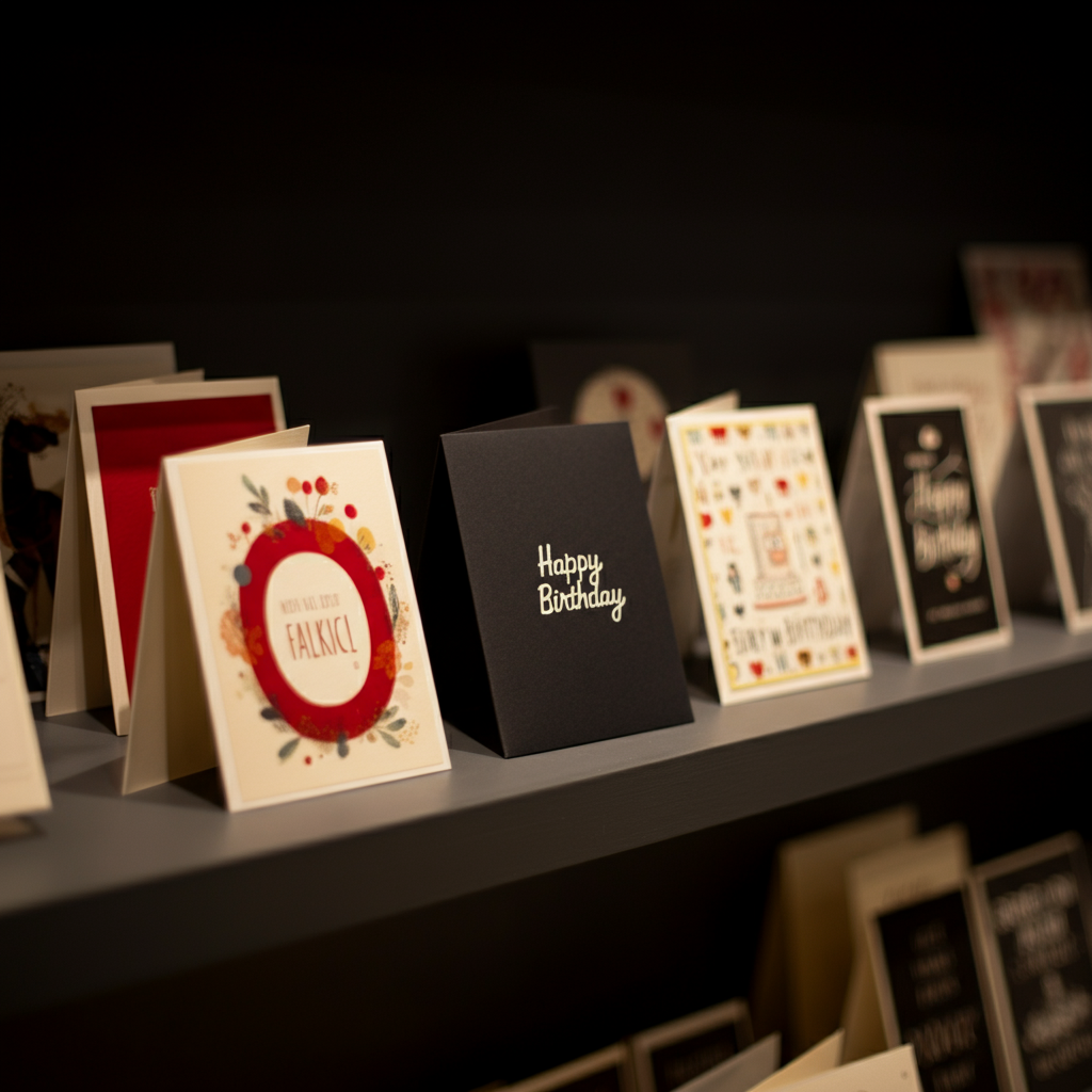 A close-up shot of various birthday cards displayed on a shop shelf. The cards feature different fonts, colors, and illustrations. Soft, even lighting highlights the textures of the card stock and envelope paper.