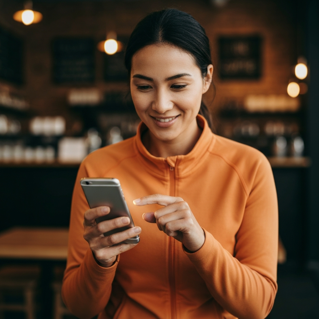 A woman holding a smartphone, smiling slightly, as she composes a text message. Her face is gently illuminated by the screen, and her thumb hovers over the "send" button. The background is a blurred coffee shop with warm ambient lighting.