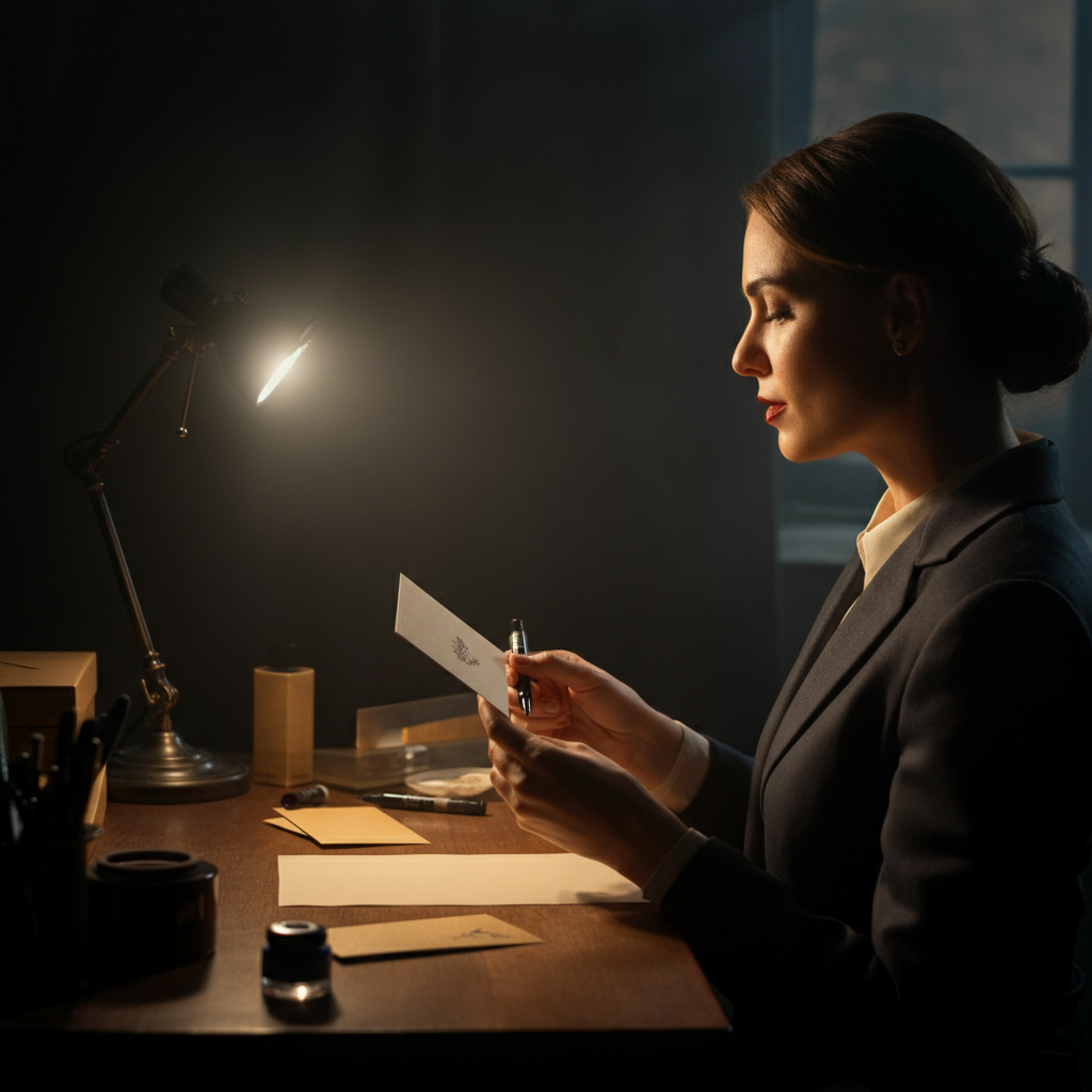 A woman sitting at a desk, carefully proofreading a handwritten card with a thoughtful expression. The desk is neatly organized, with a lamp providing soft, focused light. The texture of the paper and the ink is visible in detail.
