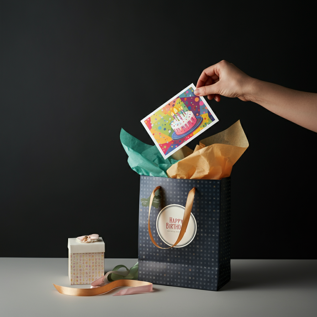 A hand placing a colorful birthday card into a decorated gift bag. The bag is filled with tissue paper in complementary colors. Soft light highlights the textures of the paper and the ribbon tied around the handle.