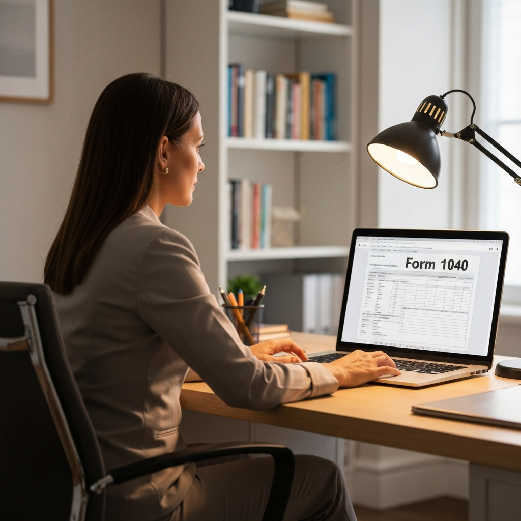 A well-lit home office. A woman wearing a business casual outfit is sitting at her desk, a laptop open displaying Form 1040 on the screen. Soft bokeh creates a blurred background with bookshelves and a desk lamp.