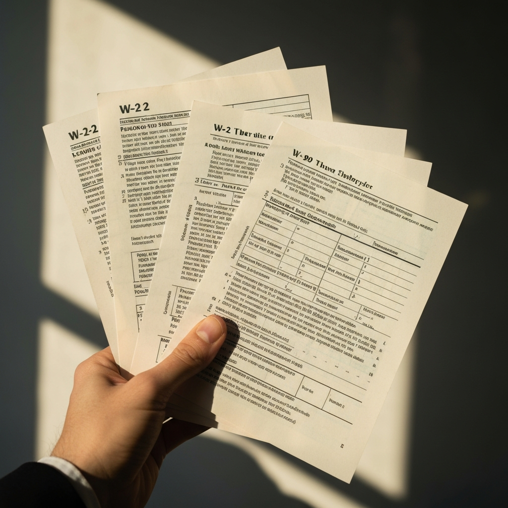 Close-up shot of a hand holding a stack of tax documents (W-2, 1099 forms). Golden hour lighting coming through a nearby window casts warm shadows on the paper textures.
