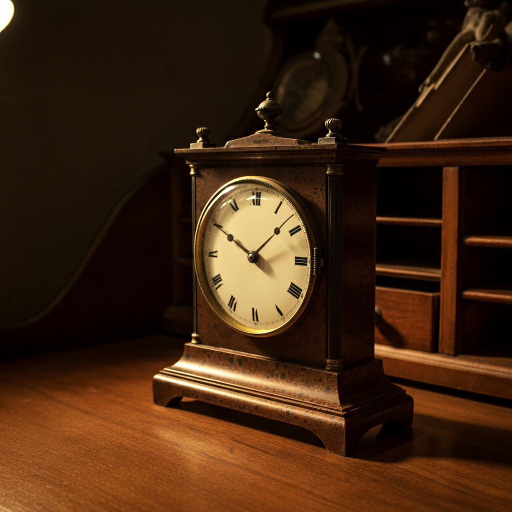 An antique clock resting on a wooden desk. Side-lit, emphasizing the clock's texture and the passage of time. The room is dimly lit, creating a sense of urgency.