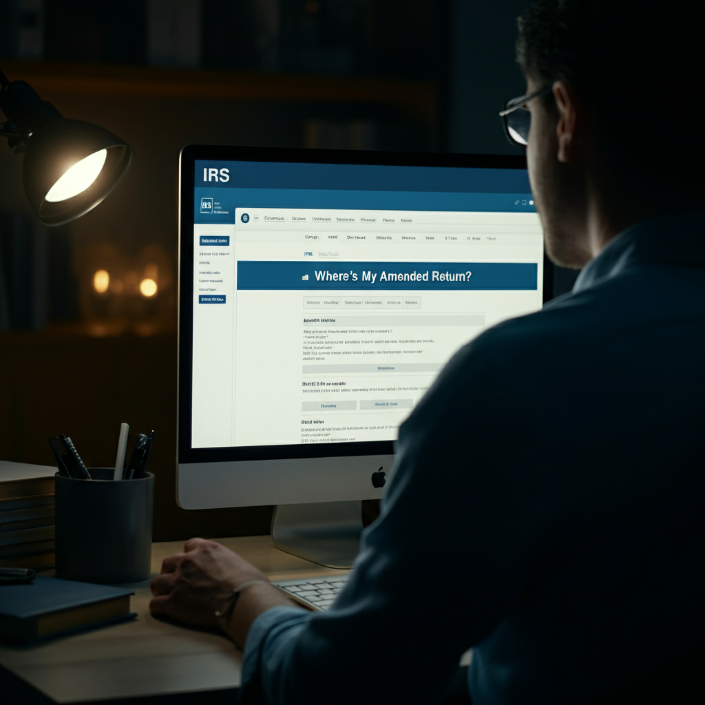 A computer screen displaying the IRS website, specifically the "Where's My Amended Return?" tool. The room is dimly lit, with the screen illuminating the person's face.