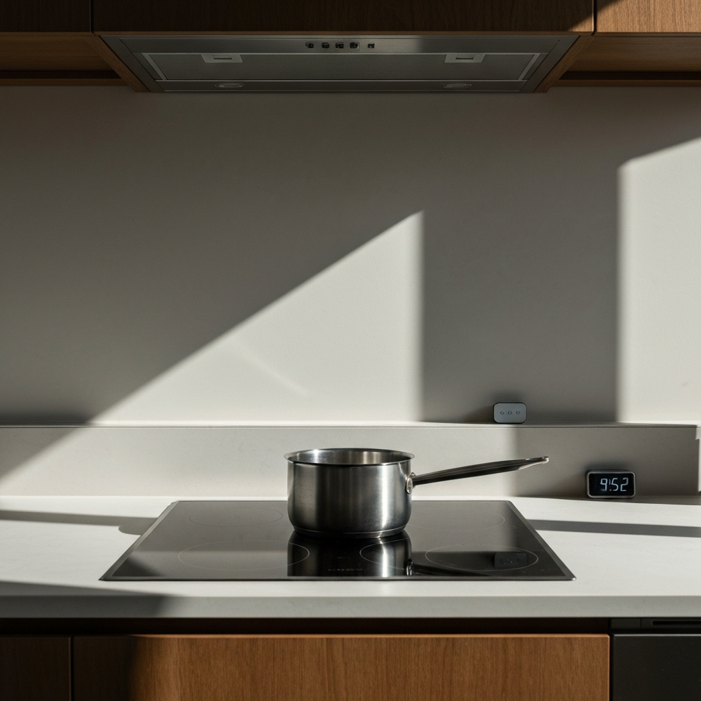 A wider shot of a modern kitchen. A stainless steel saucepan is centered on a black stovetop. Sunlight streams in from a nearby window, casting long shadows. A digital timer is visible on the counter, displaying "9:52" remaining.