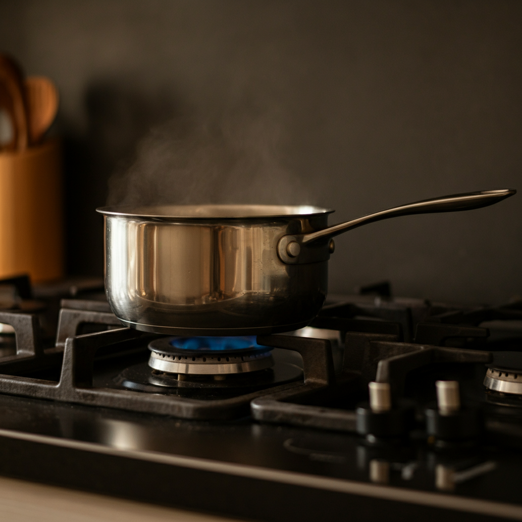 A side-angle shot of the saucepan on the stovetop. Water is just beginning to gently simmer with small bubbles forming. The gas burner is set to a low flame. The stainless steel pan is reflecting the warm light of the kitchen.