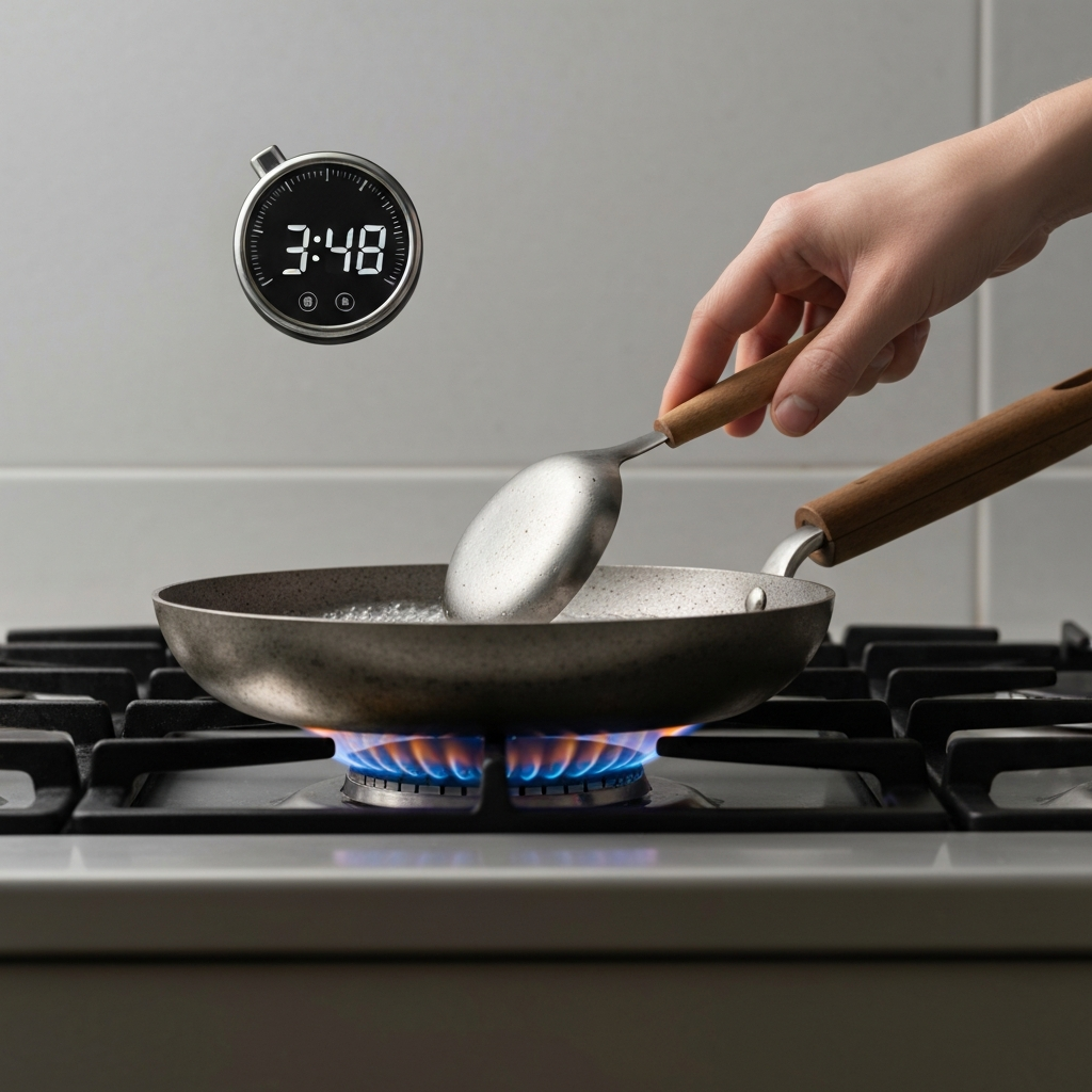 A timer displays "3:48" as a hand reaches into the frame to adjust the simmer on a gas stove, creating a close-up of the low flame and bubbling water in the pan.