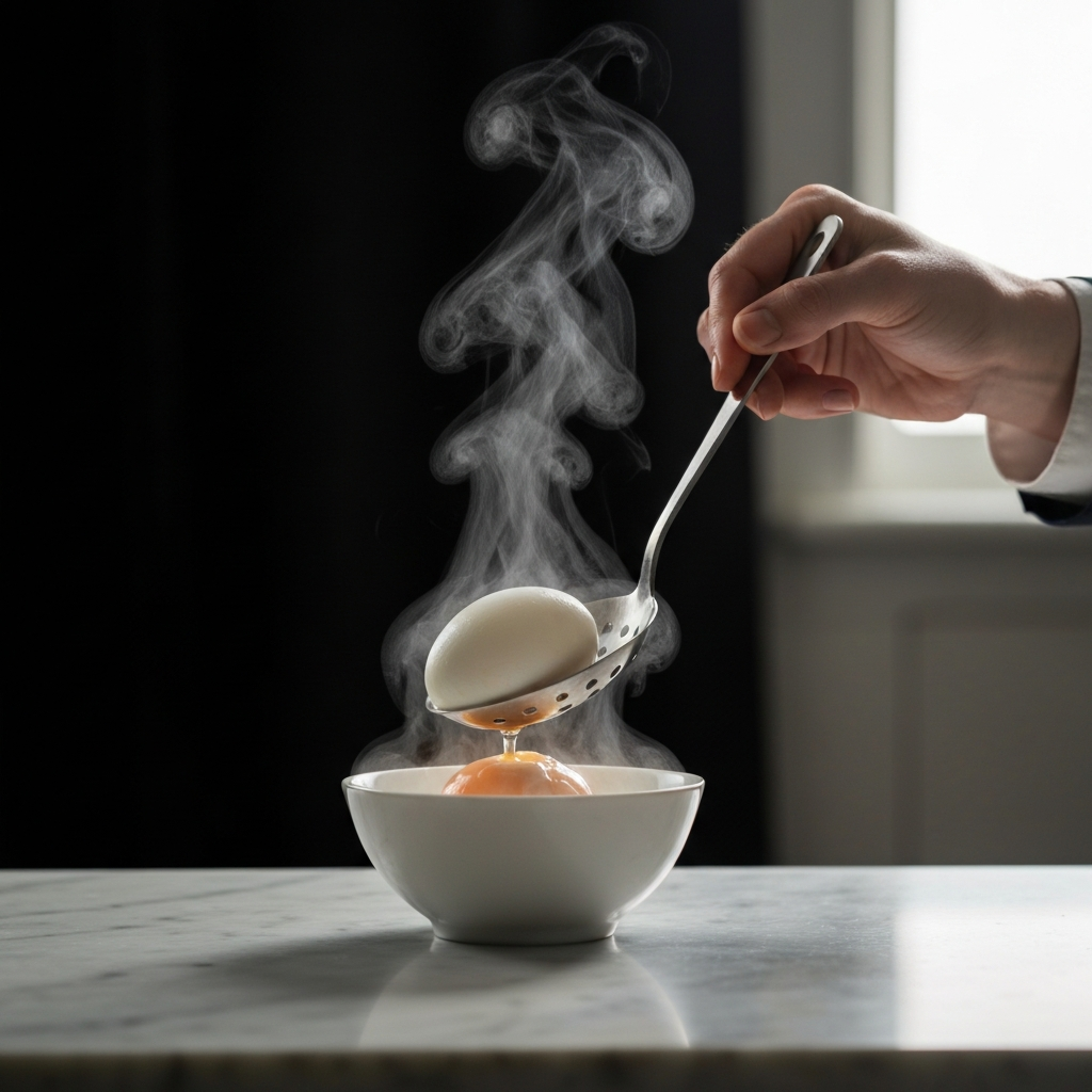 A hand gently using a slotted spoon to lift a soft-boiled egg out of the hot water and place it into a small porcelain bowl on a marble countertop. Steam rises from the egg, creating a hazy effect. Soft bokeh is used to blur the background.