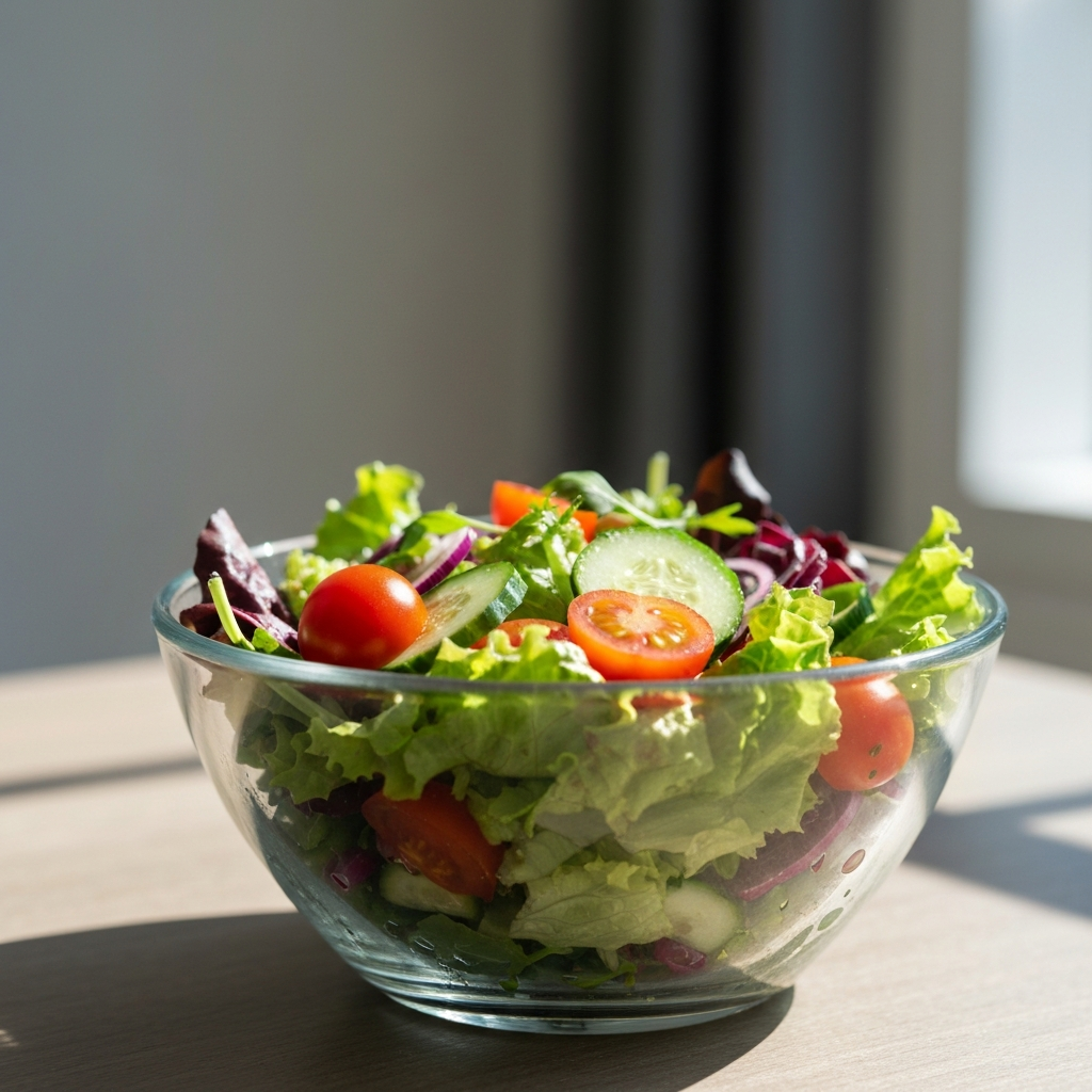 A close-up shot of a colorful salad in a glass bowl. Natural light illuminates the vibrant textures of the lettuce, tomatoes, cucumbers, and other fresh vegetables. The background is slightly blurred to focus on the salad.