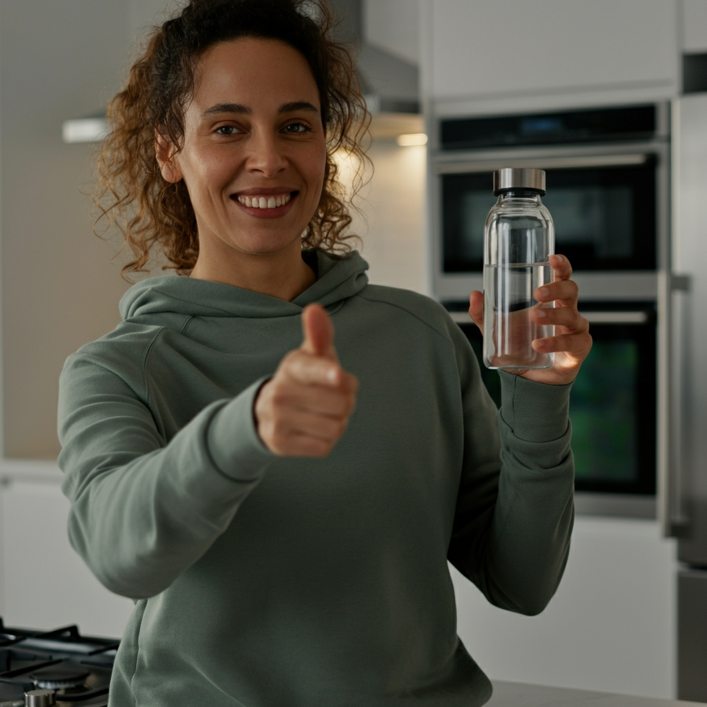 A person holding a clear glass water bottle, smiling and looking directly at the camera. The background is a bright, modern kitchen with stainless steel appliances.