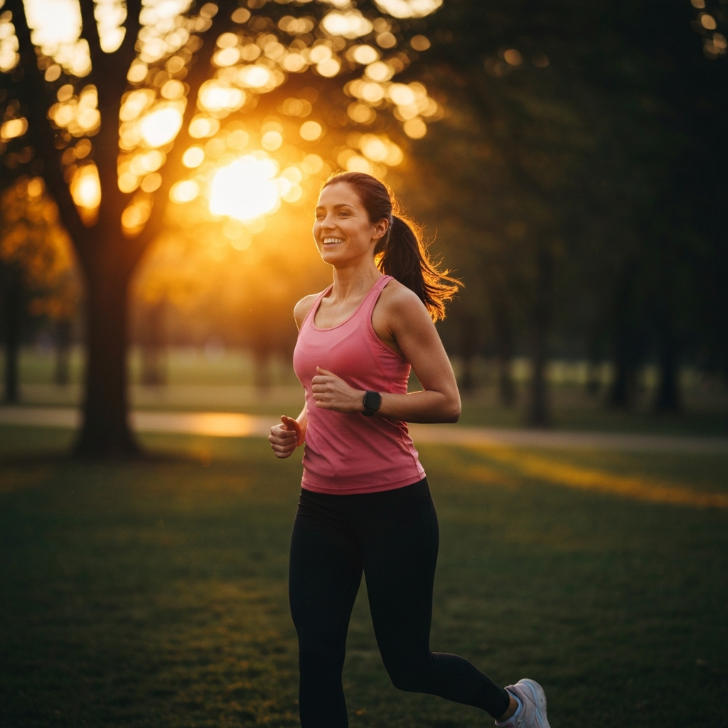 A woman jogging in a park during golden hour, with the sun setting behind the trees. She's wearing athletic clothing and appears to be enjoying her run. Soft bokeh effect in the background.