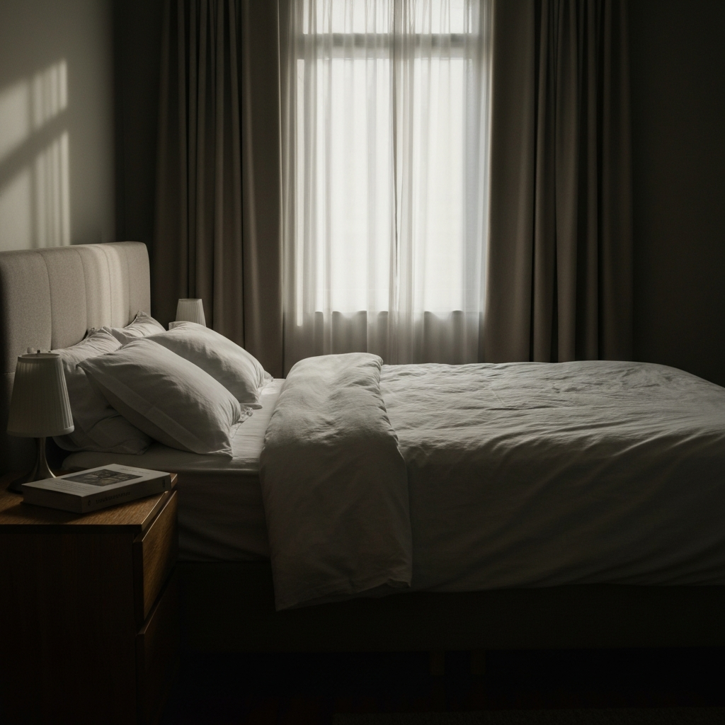 A dimly lit bedroom with a cozy bed. Soft, natural light filters through the curtains. A book rests on the nightstand, and the scene conveys a sense of peace and tranquility.