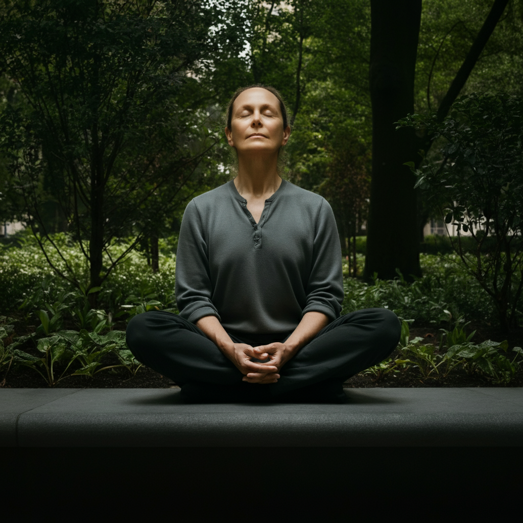 A person sitting in a park, meditating with eyes closed. Soft focus on the person's hands resting gently on their knees. Green trees and plants surround them.