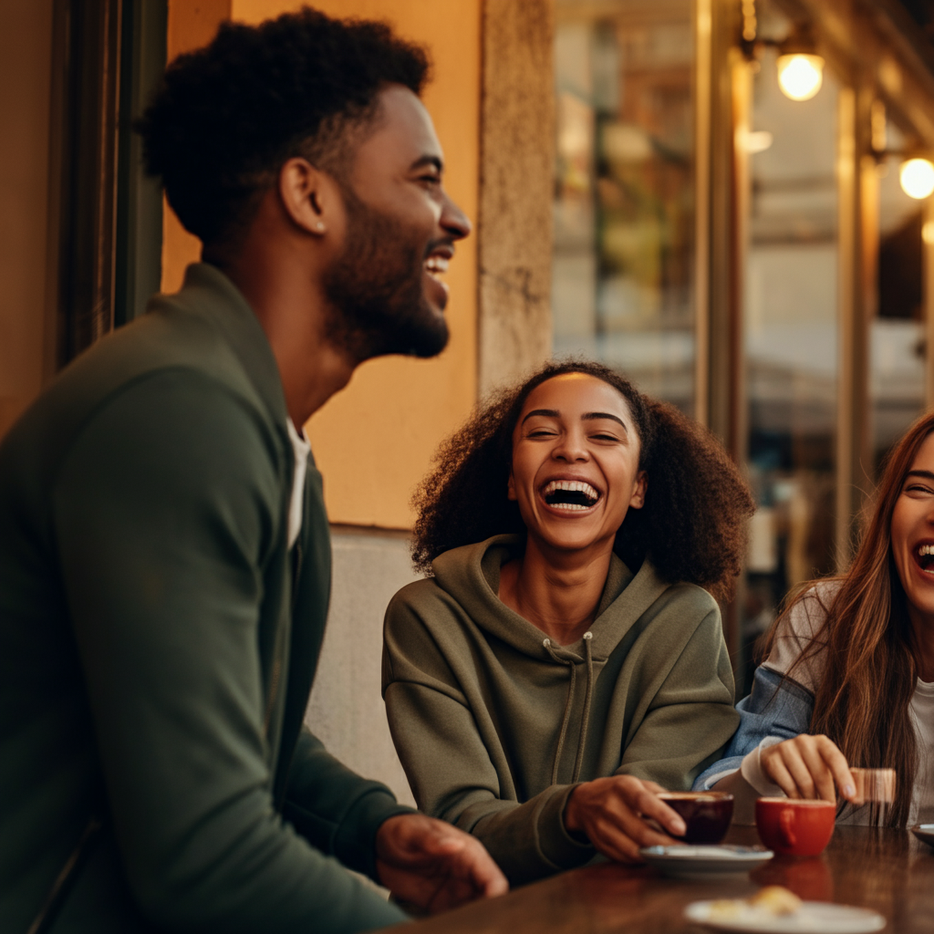 A group of friends laughing together at an outdoor cafe. Warm lighting and a sense of camaraderie are conveyed through their facial expressions and body language.