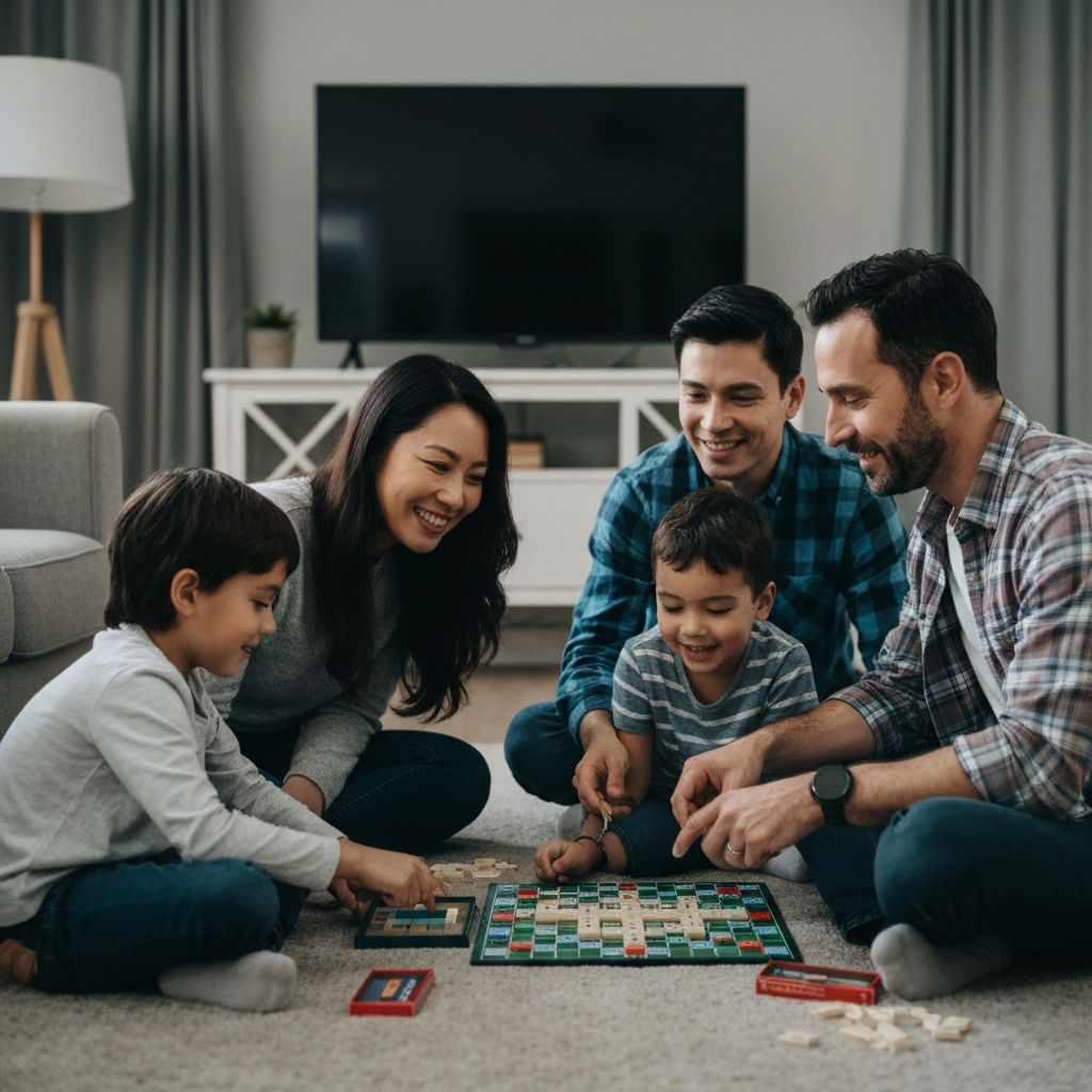 A family playing a board game together in their living room. Warm lighting and a sense of connection are conveyed through their smiles and interactions. A television is turned off in the background.