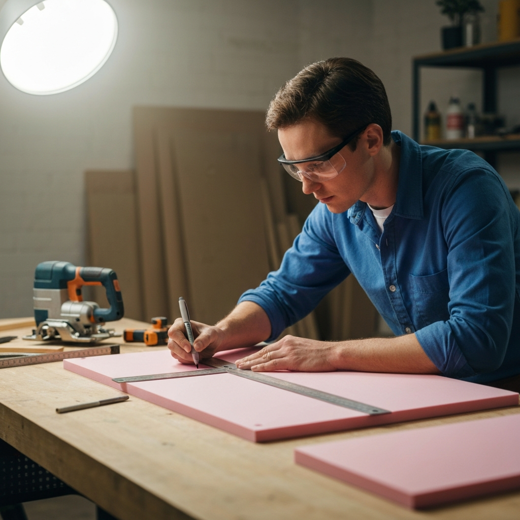 A person wearing safety glasses and a blue shirt using a T-square and a Sharpie to carefully mark measurements on a large pink foam board in a brightly lit workshop. Tools like a jigsaw and measuring tape are visible in the background on a workbench.