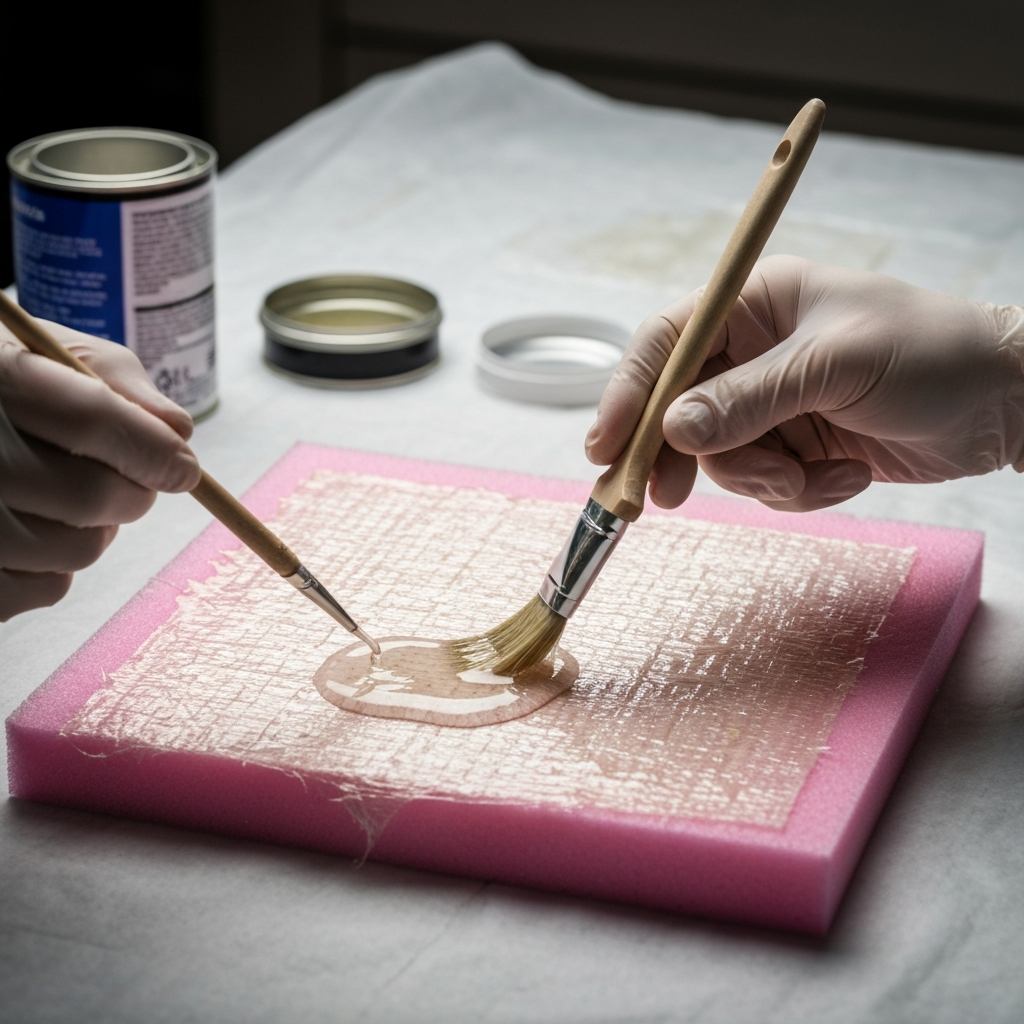A gloved hand using a brush to carefully apply clear resin to a piece of fiberglass cloth laid over pink foam. The fiberglass texture is visible, and the lighting emphasizes the wet sheen of the resin. In the background, open cans of resin and hardener are visible on a covered work surface.