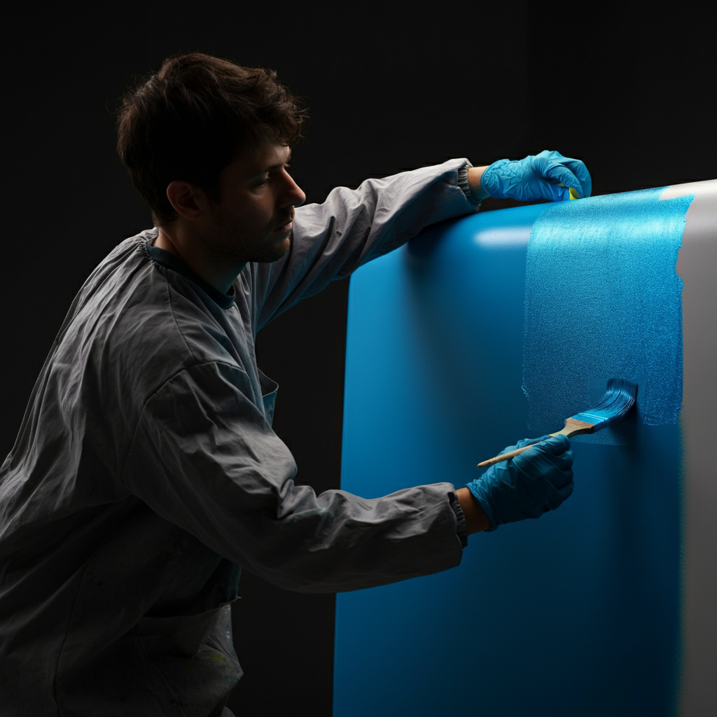 A person wearing a smock and protective gloves carefully painting a section of the fiberglassed recycling bin with bright blue acrylic paint. Masking tape is used to create a clean line. The lighting is soft and even, highlighting the smooth painted surface.