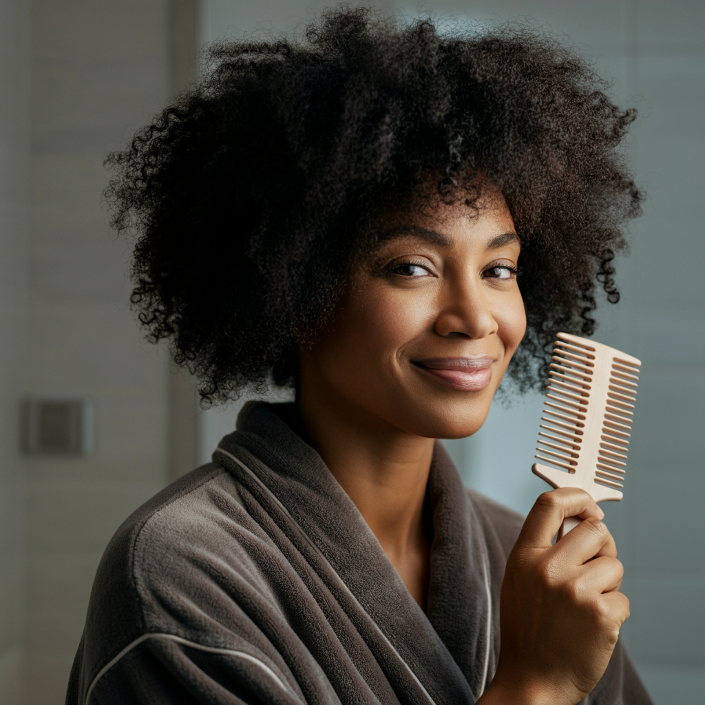 A woman with freshly washed and deep-conditioned natural hair, smiling gently at the camera. Soft, diffused lighting illuminates her face and hair, highlighting the natural texture. She's wearing a comfortable robe and holding a wide-tooth comb.