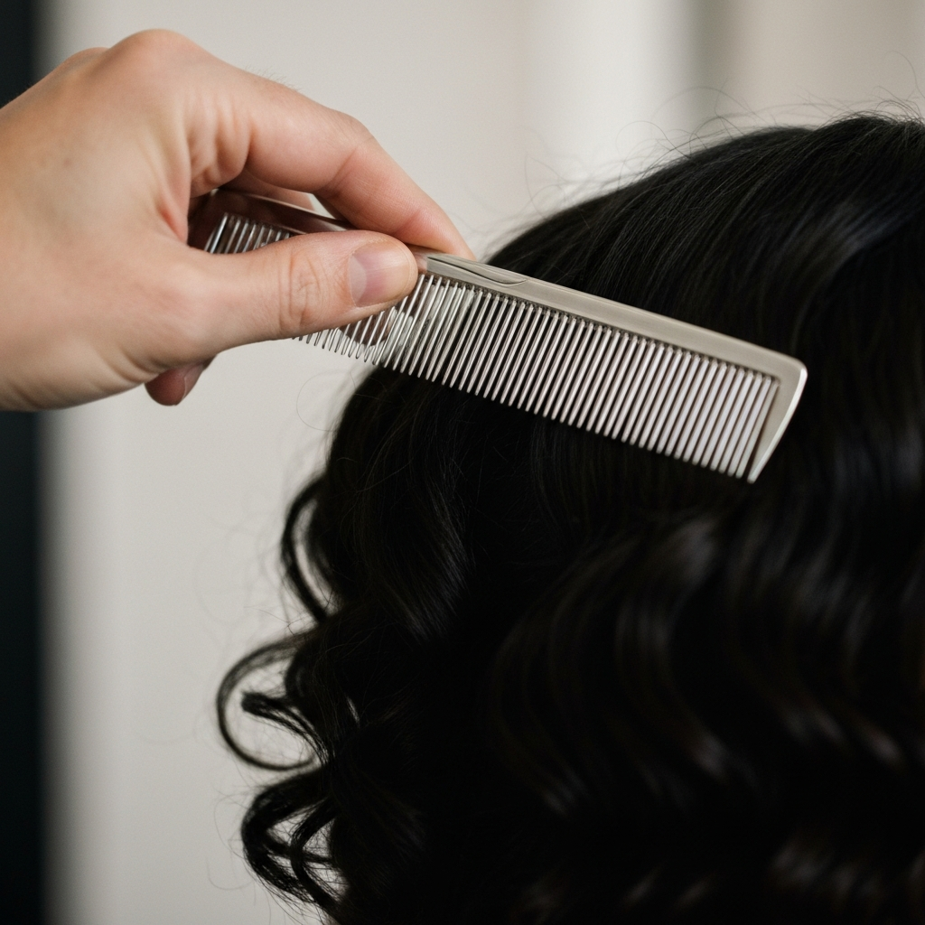 Close-up shot of a hand meticulously parting hair with a rat-tail comb. The hair is dark and curly, contrasted against the bright silver of the comb. Soft bokeh in the background blurs out the surrounding hair. 