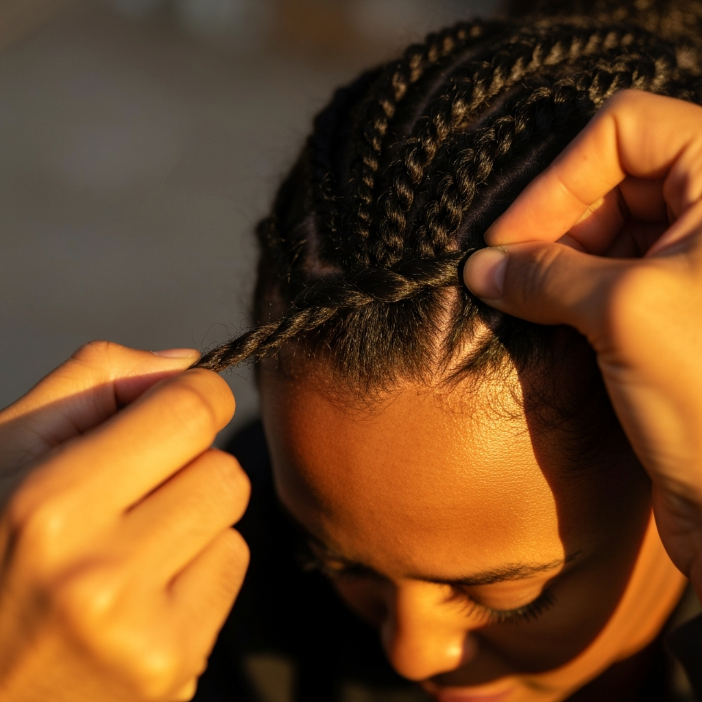 Close-up shot of hands working on a flat twist. The focus is on the technique – two strands of natural dark hair being twisted tightly against the scalp. The skin is smooth and well-lit, emphasizing the texture of the hair.