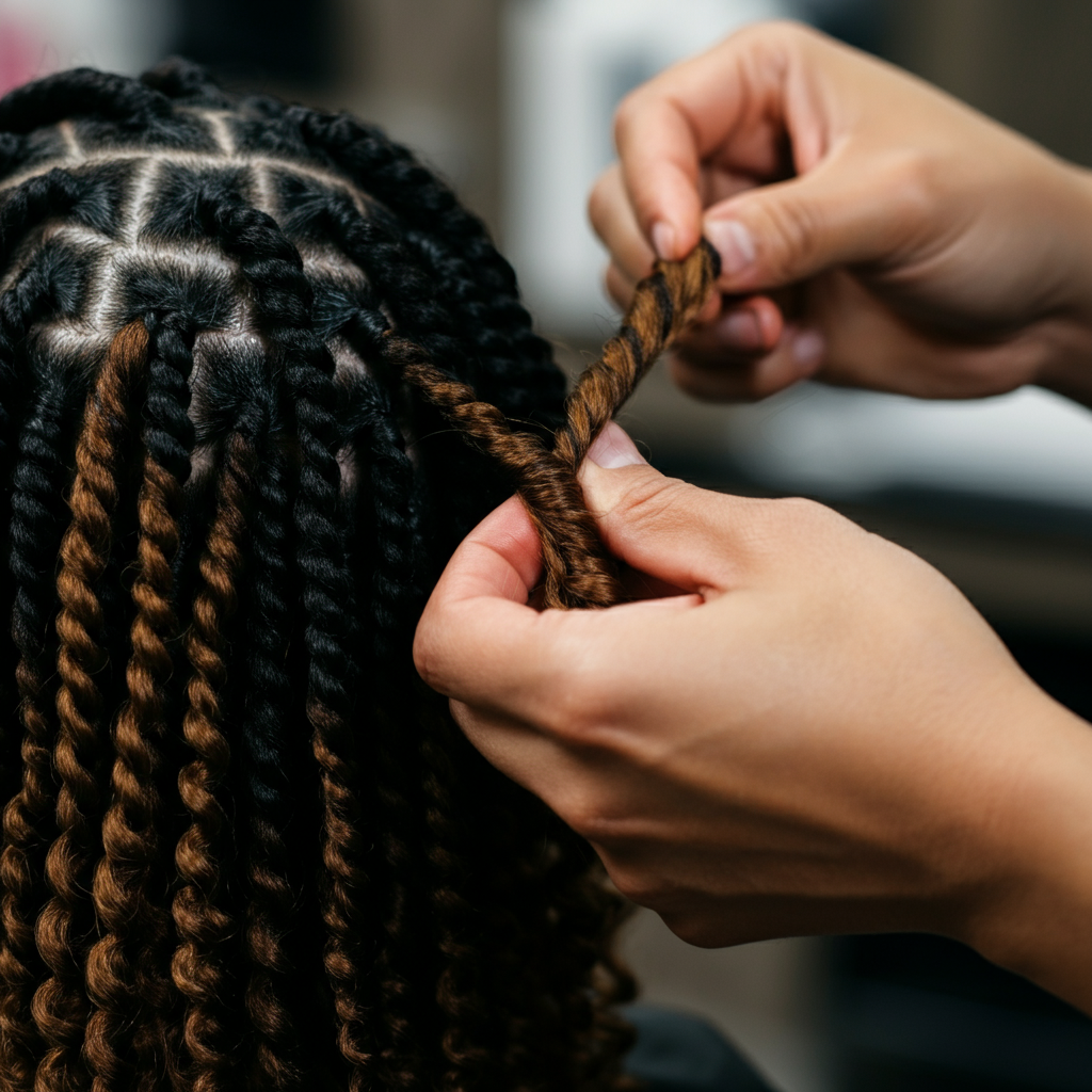 Hands wrapping Marley braiding hair around the ends of a flat twist. The Marley hair is a slightly lighter shade of brown than the natural hair, providing a subtle contrast. The background is a blurred image of a hair salon.