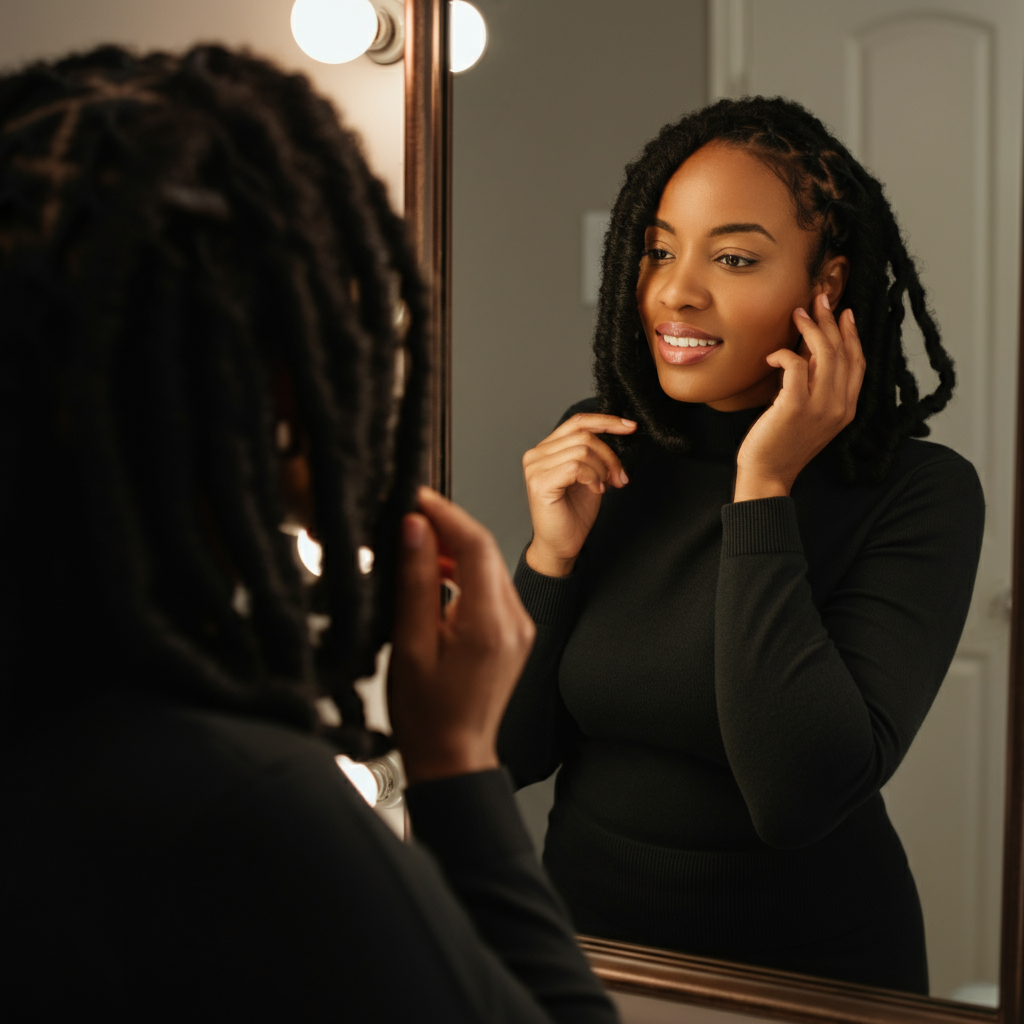 A woman standing in front of a mirror, admiring her newly installed invisible locs. She's gently touching the locs, and there's a confident smile on her face. The lighting is soft and flattering, highlighting the texture and shine of her hair.
