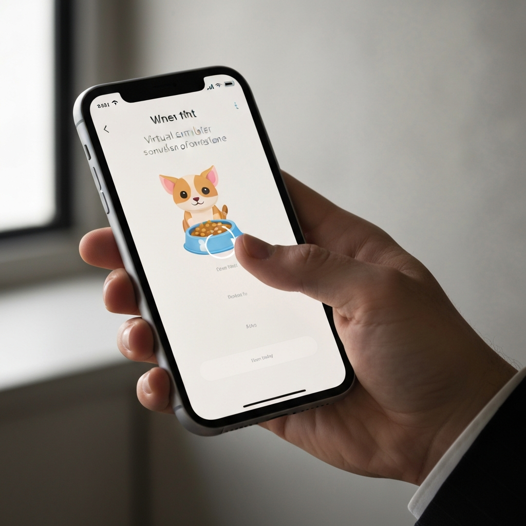 A medium shot of a hand holding a smartphone. The phone displays a virtual pet simulator interface. A food bowl icon is highlighted on the screen, and the user appears to be interacting with the interface using their thumb. The lighting is soft and even, illuminating the screen and hand.