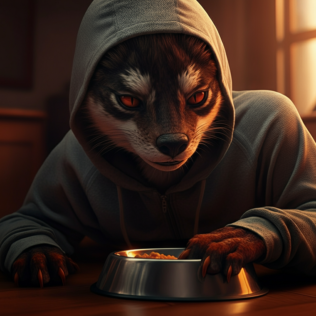 Close-up of a virtual pet eating from a bowl. The textures of the food and the pet's fur/scales are realistically rendered. The lighting is warm and inviting, highlighting the details of the scene.
