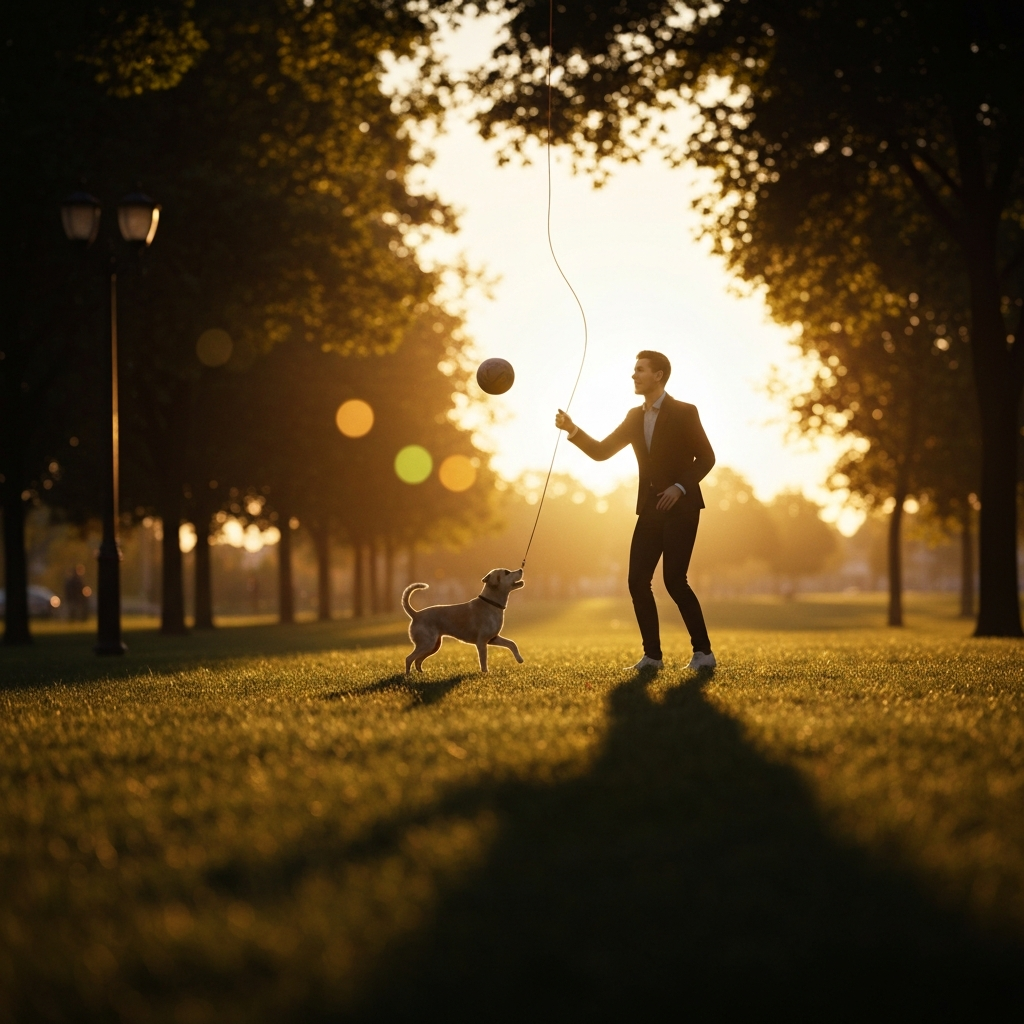 A wide shot of a virtual park. A virtual person is playing fetch with their virtual dog. The sun is setting, casting a golden glow over the scene. Soft bokeh is visible in the background.