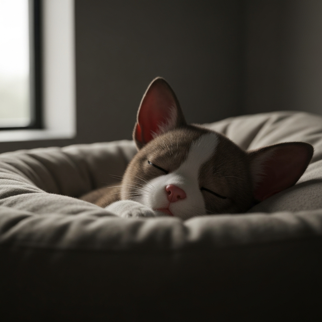 A close-up of a virtual pet sleeping peacefully in a cozy bed. The lighting is dim and warm, creating a sense of tranquility.
